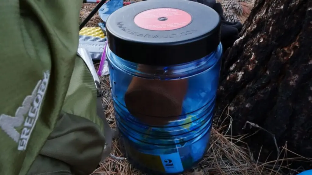 backpacking-bear-canister-bv-500-food BearVault bear canister packed with food and gear at a backcountry campsite