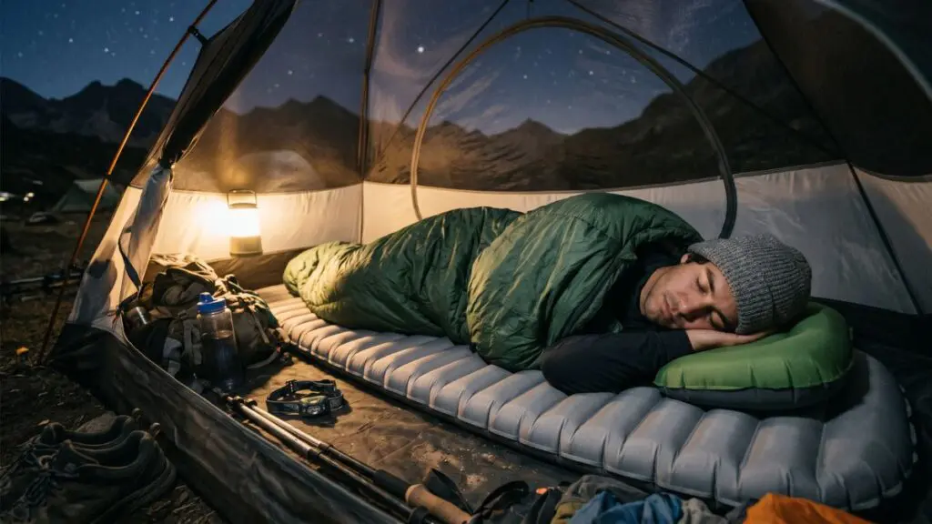 backpacking-side-sleeper-pad-night Side sleeper resting on an inflatable backpacking sleeping pad inside a tent at night with mountains in the background