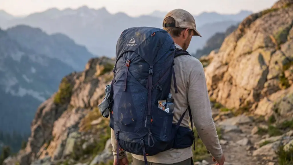 best-backpacking-backpacks-weekend-trips Backpacker wearing a navy Gregory weekend backpacking pack on a rugged mountain ridge trail