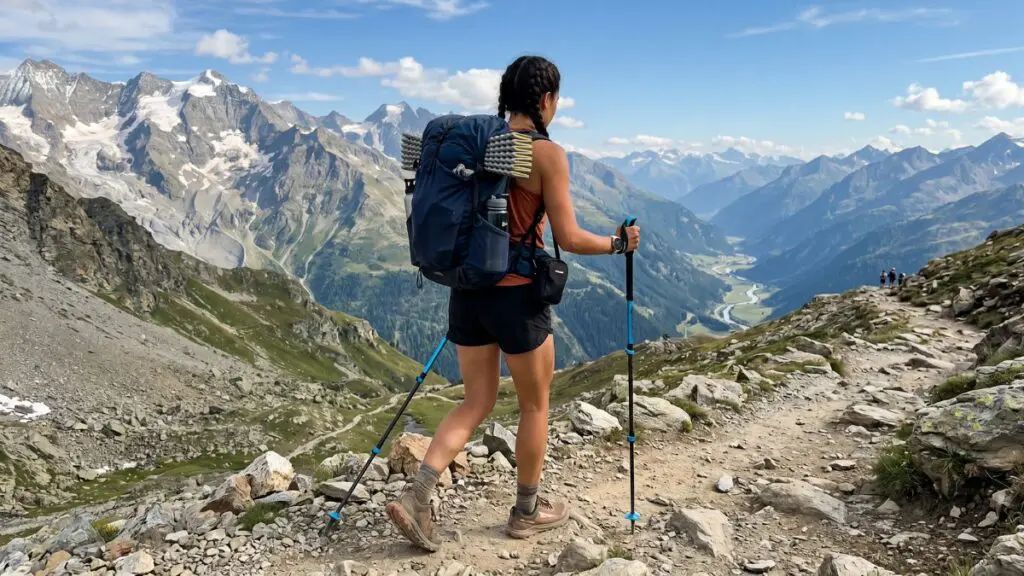 backpacker-trekking-poles-alpine-trail Woman hiker with trekking poles and large backpack on rocky mountain trail overlooking Alpine valley