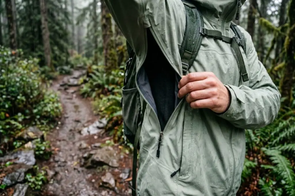 backpacking-rain-jacket-pit-zips A hiker opens and shows a pit-zip on a rain jacket while hiking on a narrow, muddy trail in the forest.
