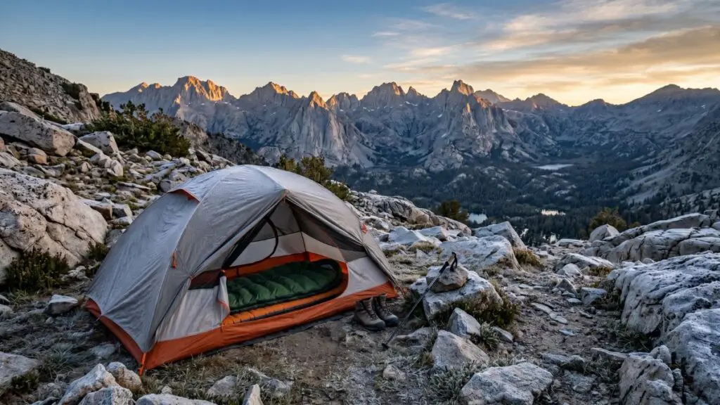 backpacking-tent-campsite-sierra-nevada A tent pitched on a rocky alpine slope at sunset, with jagged Sierra Nevada peaks and a sleeping bag visible inside the open tent.
