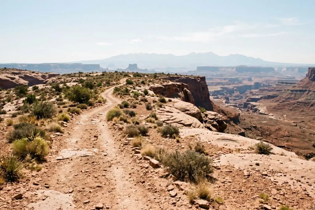 desert-canyon-dry-terrain A dry, exposed doubletrack trail winding along a desert canyon rim under a hazy sky, terrain where reliable hydration matters most