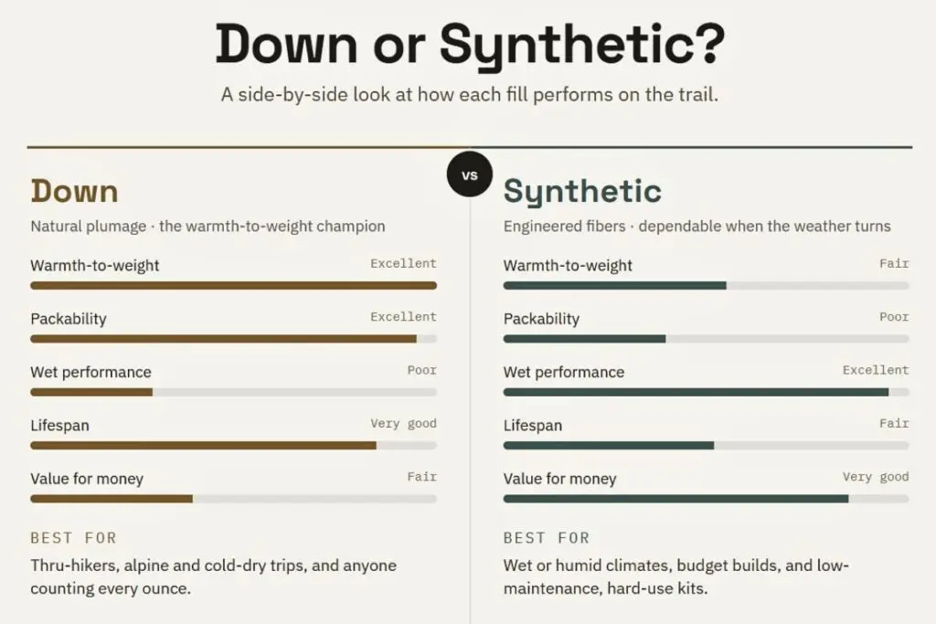 down-vs-synthetic-sleeping-bag-material-chart Chart comparing down versus synthetic sleeping bag insulation across warmth-to-weight, packability, wet performance, lifespan, and value.