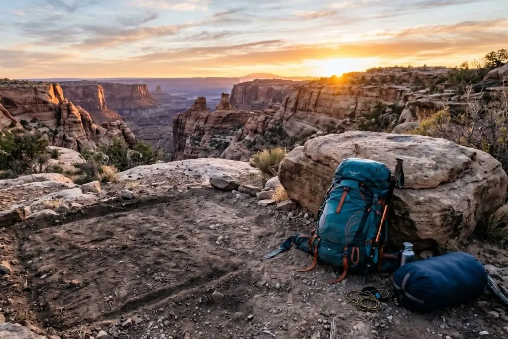 packed-up-backpacking-campsite-canyon-rim A backpacking pack and a stuffed sleeping bag in its stuff sack resting at a canyon-rim campsite at sunset in the desert Southwest.