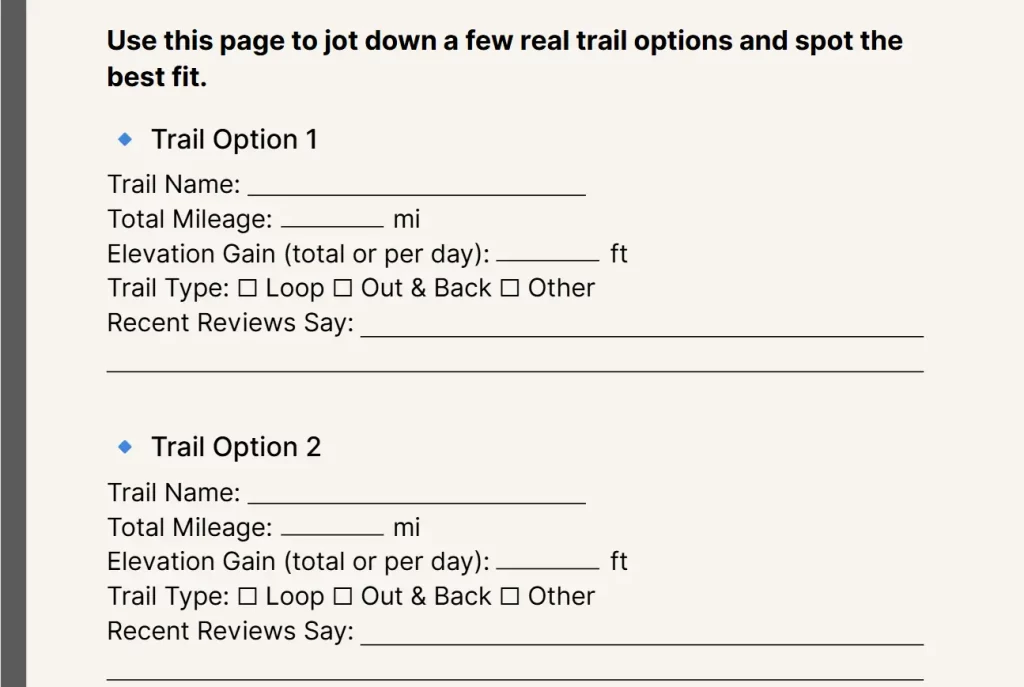 compare-backpacking-trails-toolkit-stepmassive Trail comparison worksheet from the Route Planning Toolkit with fields for mileage, elevation, trail type, and review notes